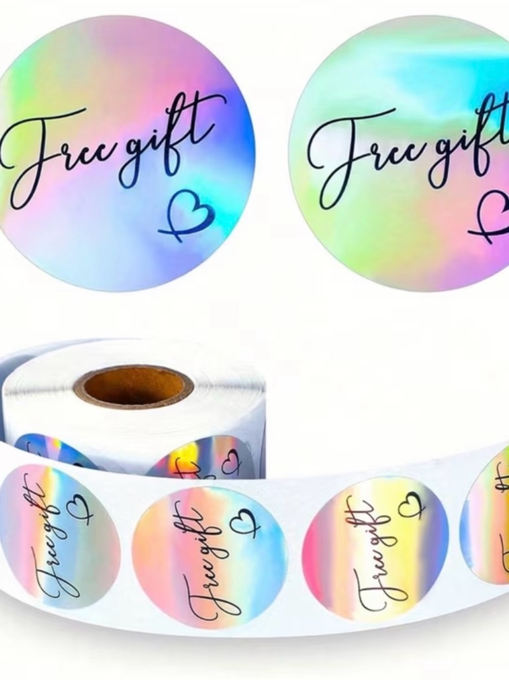 Silver Holographic 'Free Gift' Round Sticker Roll
